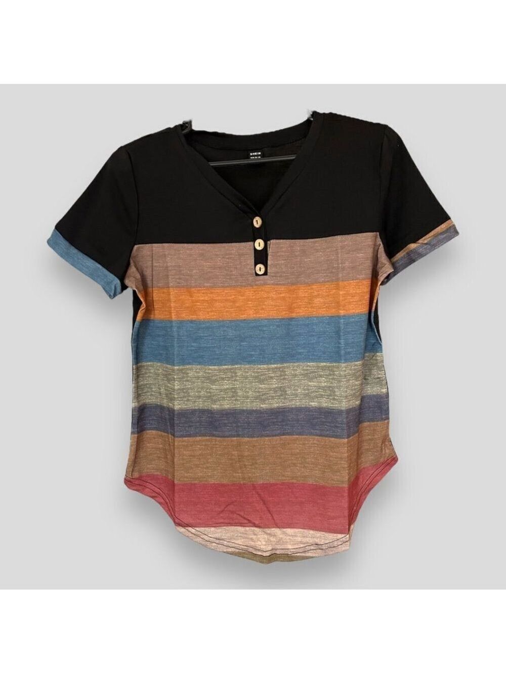 SHEIN Lune Stripe Button Front V-Neck Tee